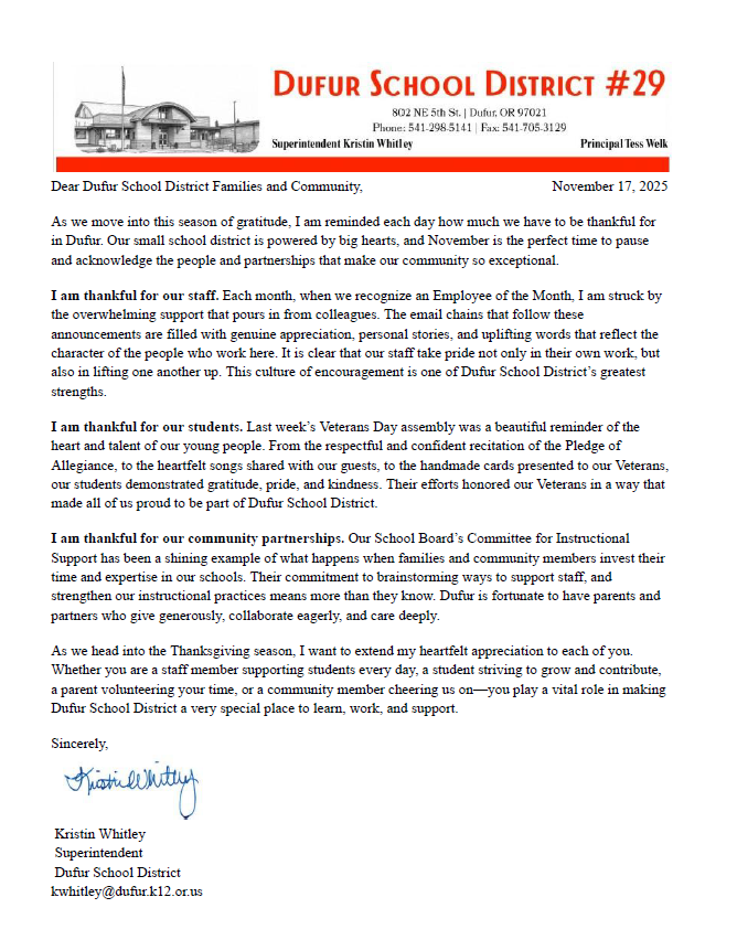 Superintendent Letter November 2025