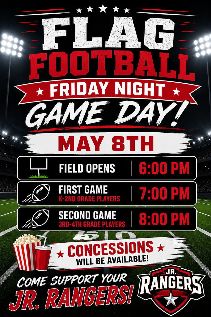 Friday Night Lights flyer for Jr. Flag Football on 5/8.
