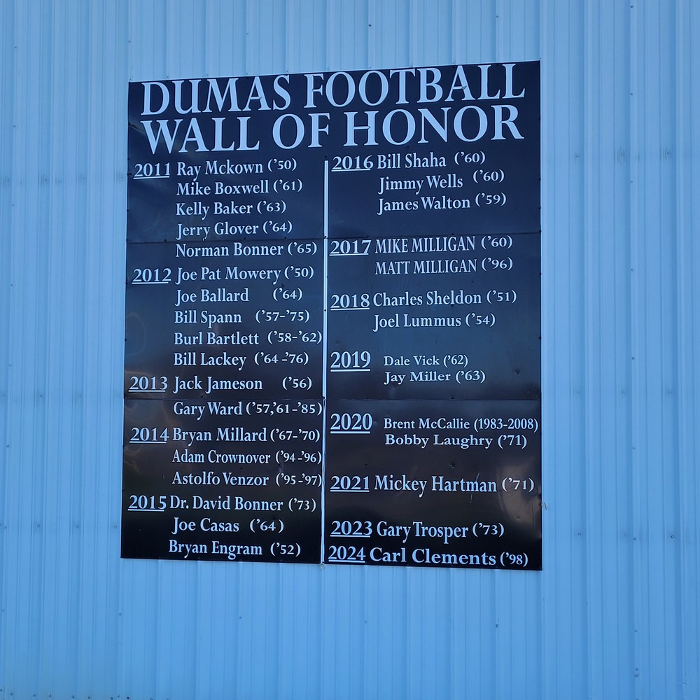 Dumas ISD Wall of Honor hangs on the side of the Demon Dome at Demon stadium. 