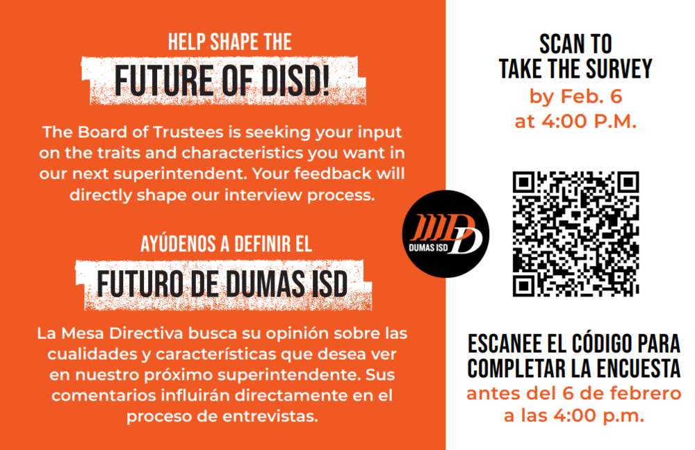Help shape the future of DISD! The Board of Trustees is seeking your input on th traits and characteristics you want in our next superintendent. Your feedback will directly shape our interview process.