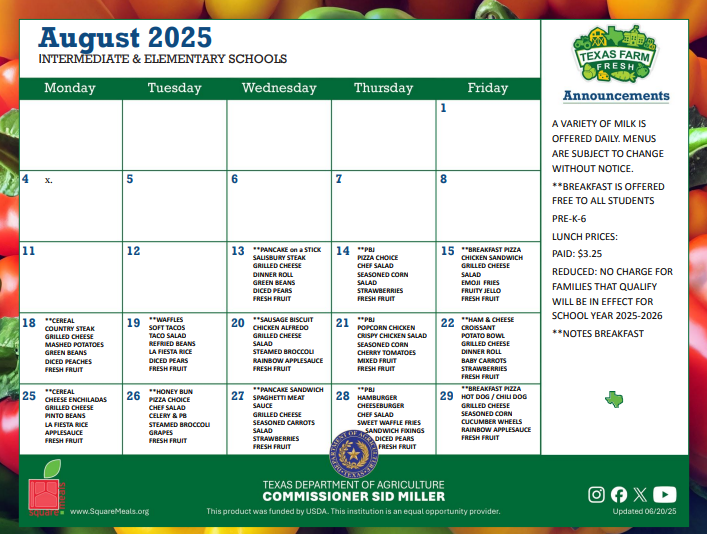 August Lunch Menu