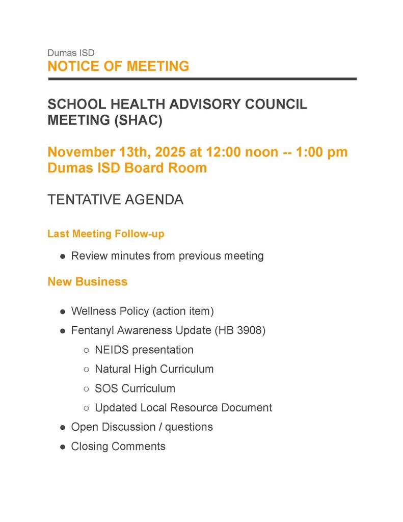 SHAC Notice of Meeting