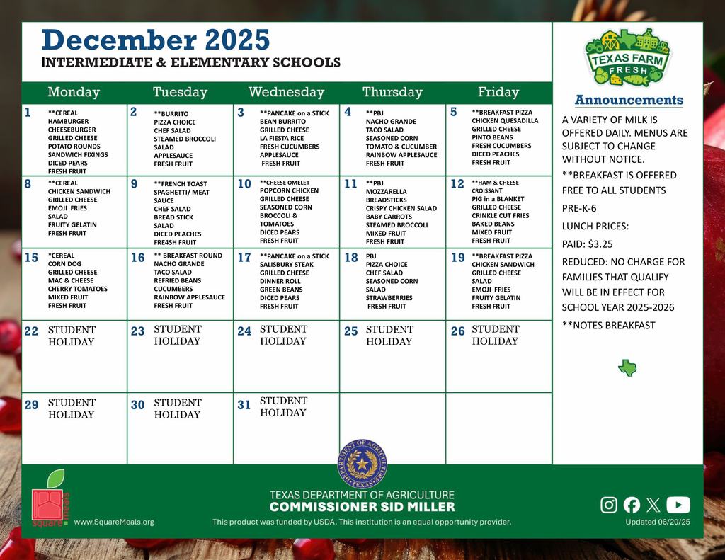 December Breakfast/Lunch Menu