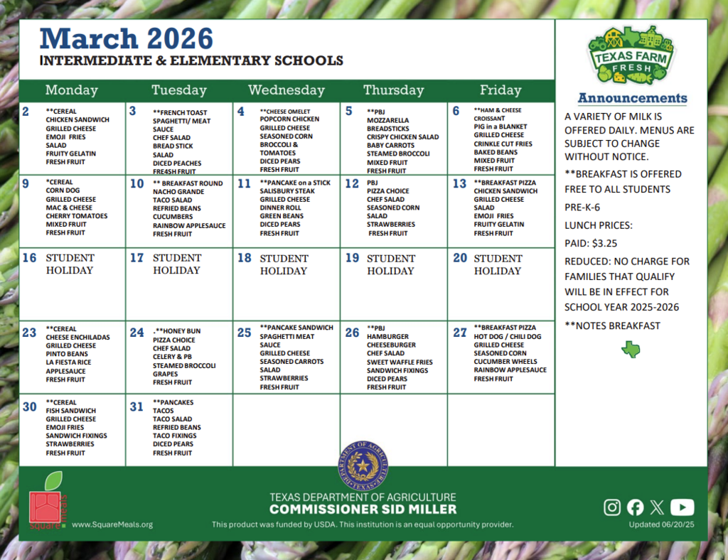 March Breakfast/Lunch Menu