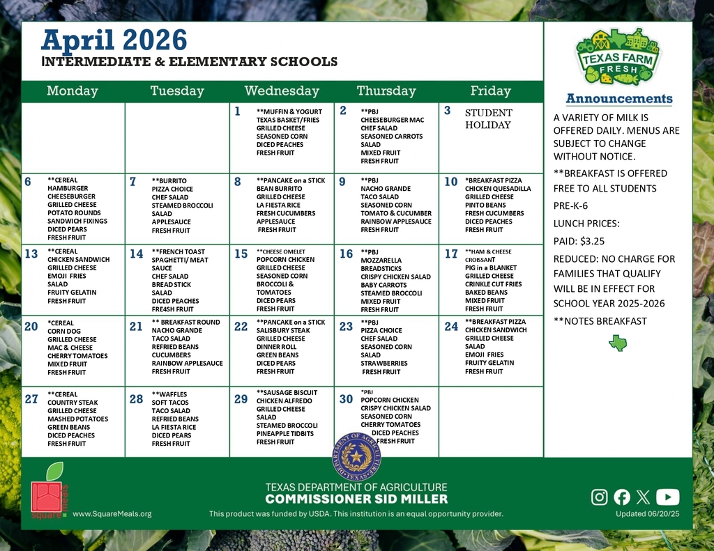 April Breakfast/Lunch Menu