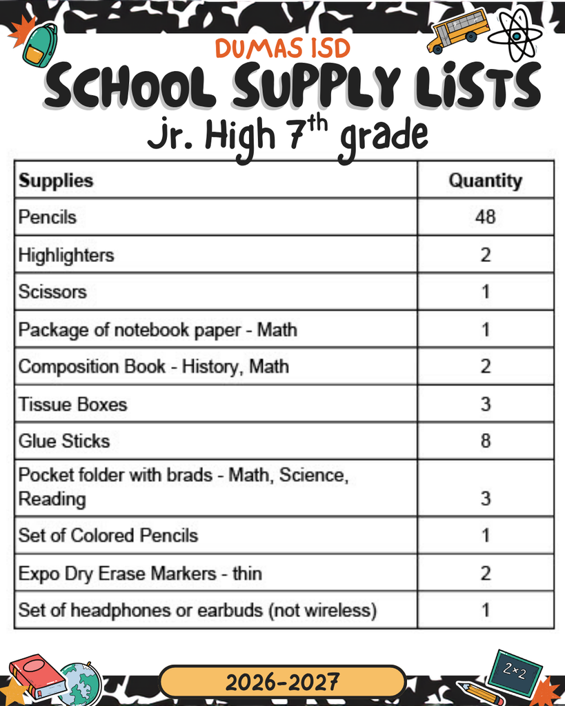 7th grade supply list