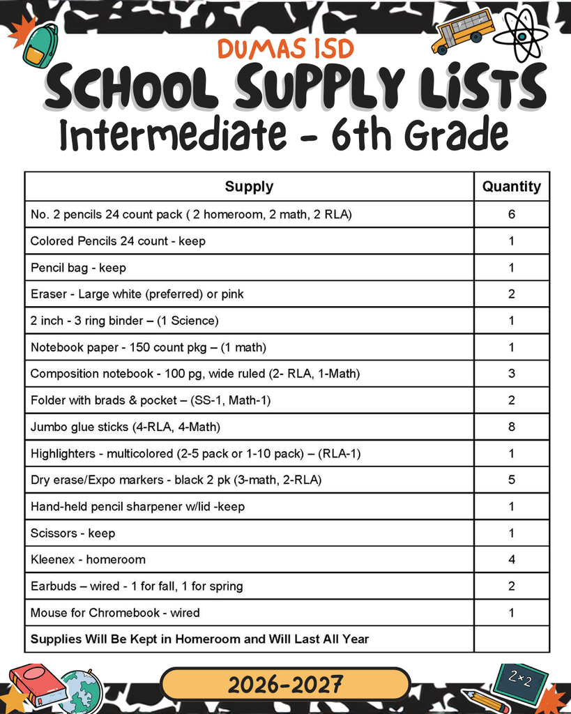 supply list 6th