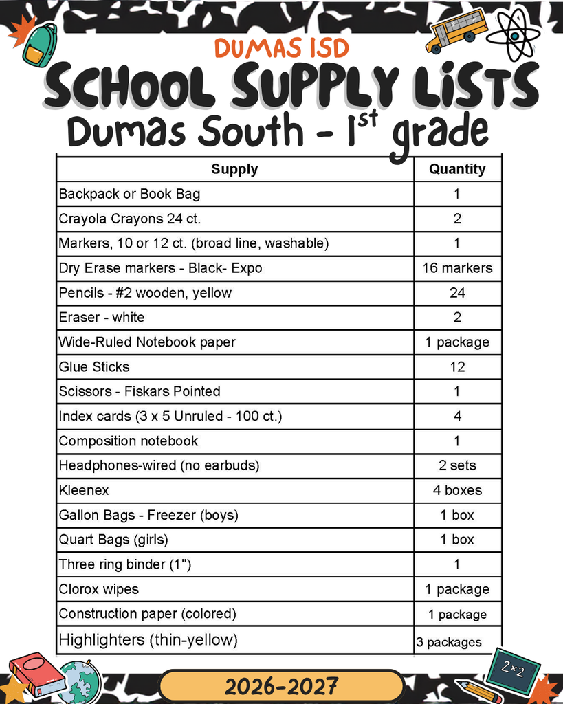 supply list 1st grade