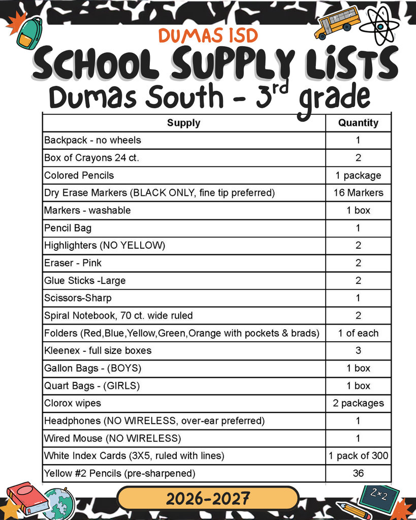 supply list 3rd grade