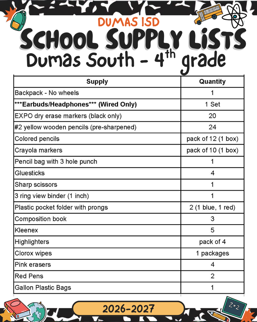 supply list 4th grade