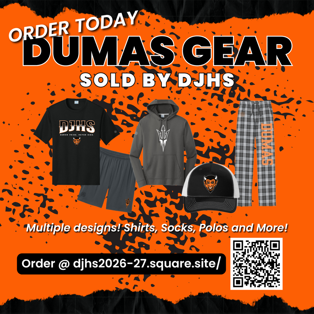 Get ready to show off your school pride with official DJHS Dumas Apparel! From game days to everyday style, upgrade your wardrobe with the latest Dumas gear. Don't wait until gear sells out—head over to the DJHS 2026-27 Store now to place your order today! https://djhs2026-27.square.site/ #DumasDemons #DemonPride #DJHS #TopFormApparel