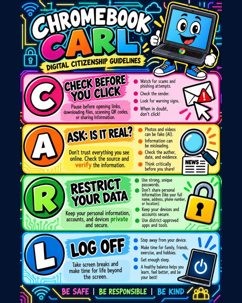 🔐💻 October is Cybersecurity Awareness Month! Meet Chromebook CARL! 💻 Help us keep our students, staff and community safe online by following CARL’s four digital citizenship rules: 🩷 C – Check Before You Click! Watch out for scams and suspicious links. 🧡 A – Ask: Is It Real? Think critically and verify what you see online, especially AI-generated content. 💚 R – Restrict Your Data! Protect your passwords and personal information. 💙 L – Log Off! Take screen breaks and practice healthy technology habits. 🛡️ Cybersecurity is EVERYONE’S responsibility! Please do your part to protect yourself, our students and our schools. Together, we can create a safer digital world!