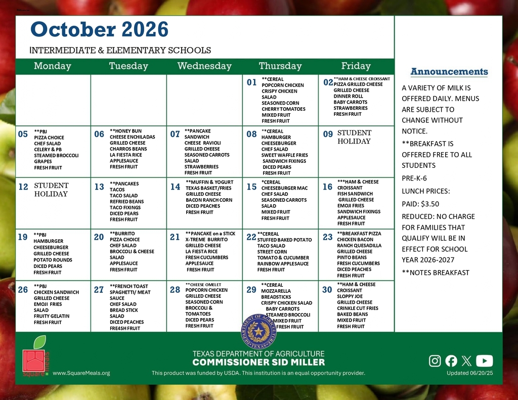 October Breakfast Lunch Menu