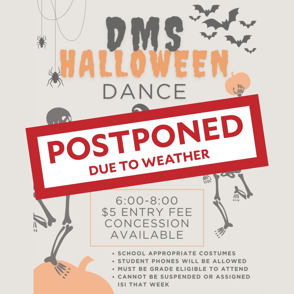 Due to the forecast of possible high winds, hail, and flooding this evening, we will be canceling the middle school dance scheduled for tonight. The safety of our students and staff is our top priority. We will reschedule the dance for a later date and share the new details as soon as they are confirmed.  Thank you for your understanding and support. Stay safe and have a great evening.