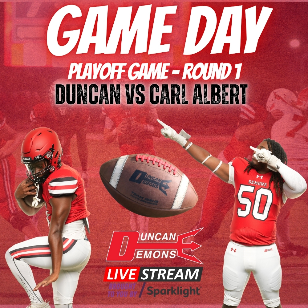 playoff game graphic with football players on it