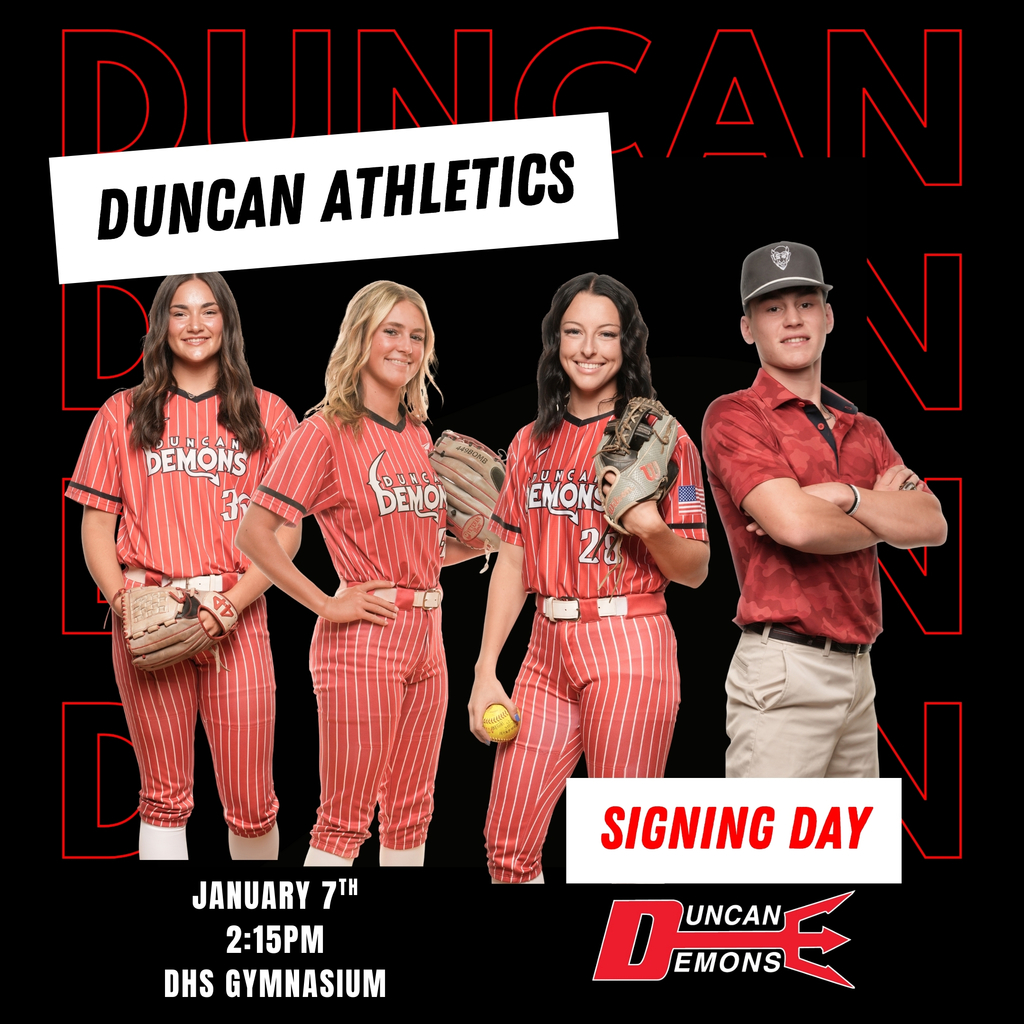 DHS Signing day graphic - january 7th at 2:15pm in the DHS Gymnasium - photos of athletes being recognized - graphic and logo 
