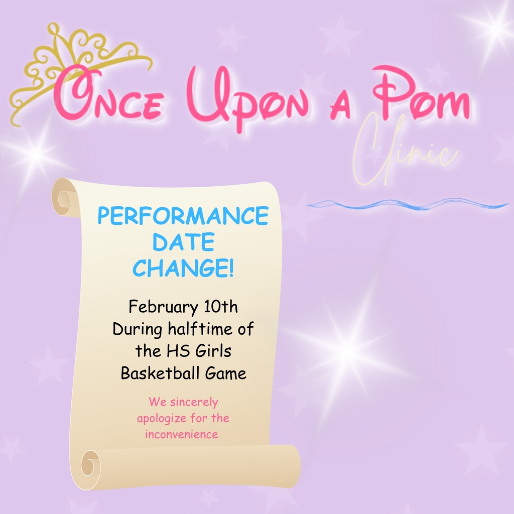 📣 Once Upon a POM Clinic – Performance Date Rescheduled! ✨  Due to an emergency water shutoff at Duncan High School, we will need to reschedule the POM Clinic performance.  The new performance date is Tuesday, February 10, during halftime of the high school girls basketball game.  We appreciate everyone’s understanding and can’t wait to see our POM participants shine soon!