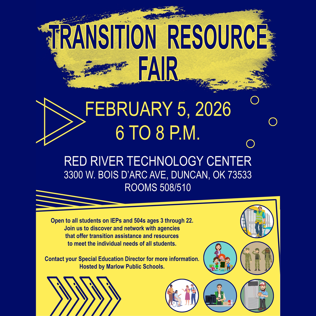 📌 Transition Resource Fair 📌  Join us for the Transition Resource Fair on February 5, 2026, from 6:00–8:00 PM at Red River Technology Center (Rooms 508/510). This event is open to students with IEPs and 504s, ages 3–22, and their families. Attendees will have the opportunity to connect with local agencies and organizations that provide transition assistance and resources designed to support students. For questions or more information, please contact jessica.clayton@duncanps.org.  We hope to see you there!