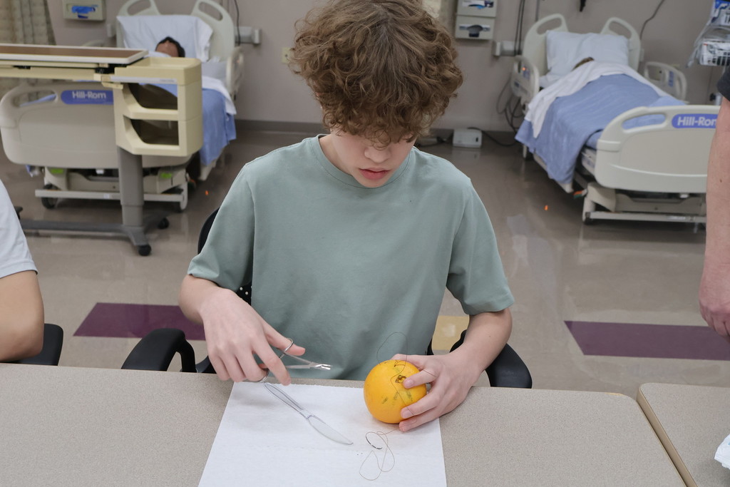 student stitching an orange