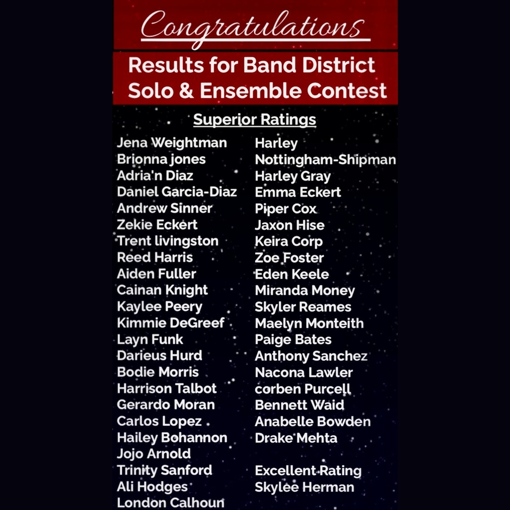 🎶 Superior Ratings at District Band Solo & Ensemble Contest! 🏅  Congratulations to our talented Duncan Middle School and Duncan High School band students who earned Superior Ratings at the District Band Solo and Ensemble Contest!  These students showcased incredible skill, dedication, and musicianship, representing Duncan Public Schools with pride.  We’re so proud of their hard work and commitment to excellence in music! 🎵