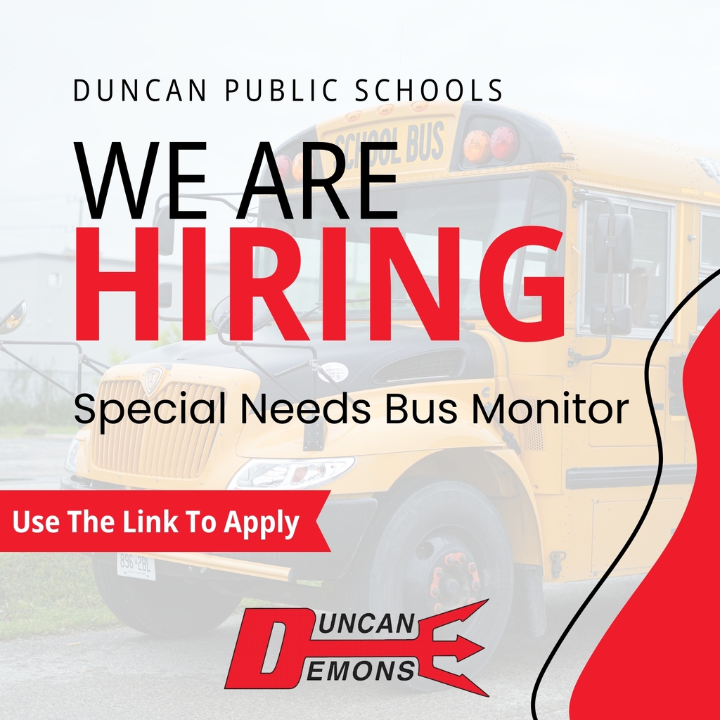 🚌 We’re Hiring a Special Needs Bus Monitor! 🚌  Duncan Public Schools is seeking a caring and dependable Special Needs Bus Monitor to join our transportation team. This important role helps ensure the safety and well-being of students while they travel to and from school.  If you’re patient, compassionate, and dedicated to supporting students with special needs, we’d love to have you on our team.  📝 Apply online: