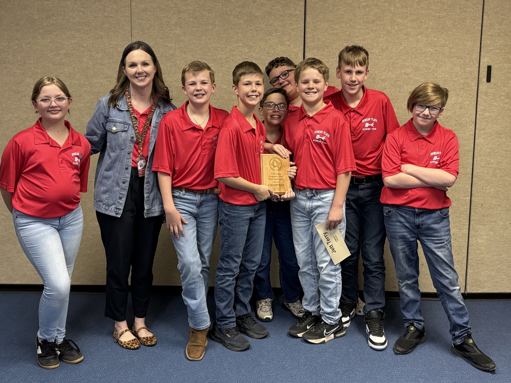 The Plato 5th Grade Academic Team proudly earned first place at the elementary academic meet held Thursday at First Baptist Church in Duncan. The meet brought together teams of students from Plato, Marlow, Waurika, Velma, and Silo to compete in a fast-paced quiz competition that tested their knowledge in subjects such as math, science, language arts, and social studies. The Plato team performed exceptionally well throughout the competition, demonstrating strong teamwork and impressive academic knowledge throughout the competition to secure the top spot.   From left to right:  Molly Howard, Coach Amara Burton, Hank Hemphill, Beau Petersen, Braden Woods, Stoney Jiles, Jett Terry, Wesley Rosekelly, Casen Quinn 