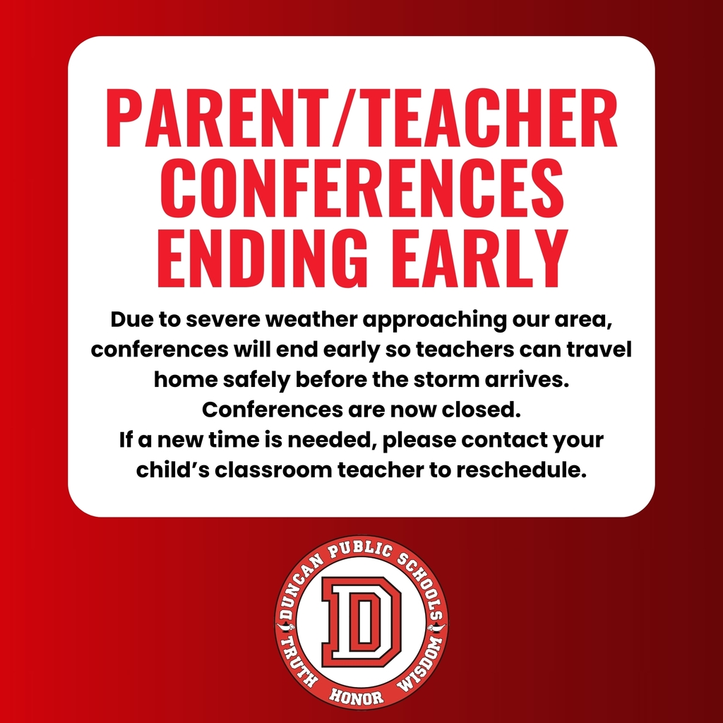 ⛈️ Weather Update: Conferences Ending Early  Due to severe weather approaching our area, conferences will end early so teachers can travel home safely before the storm arrives.  Conferences are now closed.  If a new time is needed, please contact your child’s classroom teacher to reschedule.