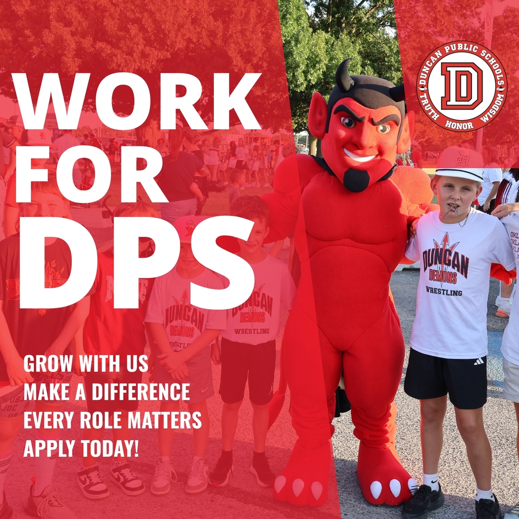 📣 We’re Hiring at Duncan Public Schools!  Duncan Public Schools is hiring for a wide variety of roles and looking for the right people to join our team. A few of our current openings include:  High School Teachers in Graphic Design, Art, English, Spanish, Math, Vocal Music, and Social Studies High School Clerk Licensed HVAC/Refrigeration Technician Elementary Art Teacher Middle School English Teacher Psychometrist Special Education Teachers Bus Monitors …and many more!  At DPS, there’s a place for everyone. Find the right role for you in a supportive, engaging work environment where you can make a difference every day.   After all, everyone looks better in Duncan Red. 😉  Apply today at: https://www.applitrack.com/duncanps/onlineapp/default.aspx?all=1