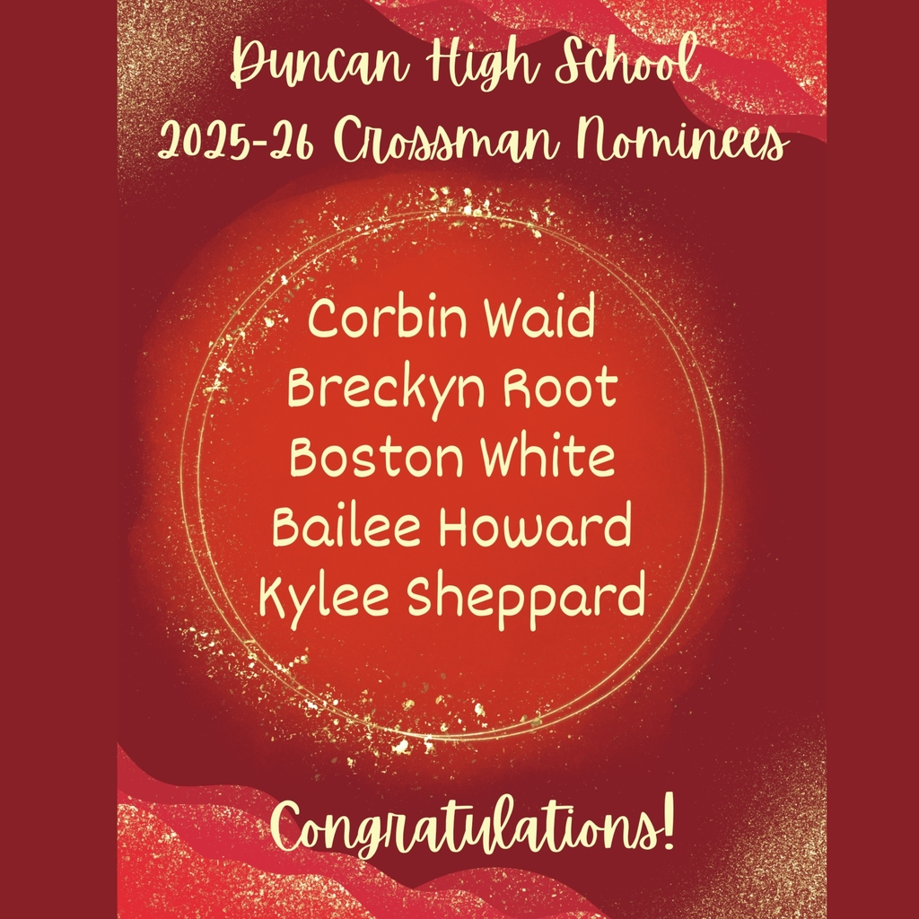🏅 Announcing the 2026 Crossman Award Nominees Congratulations to the 2026 Crossman Award Nominees from Duncan High School: Corbin Waid, Breckyn Root, Boston White, Bailee Howard, and Kylee Sheppard. The Crossman Award is one of the highest honors a senior can receive at DHS. This prestigious recognition celebrates students who best exemplify scholarship, leadership, personality, cooperation, and citizenship, among many other outstanding qualities. We are proud of these remarkable seniors and all they represent