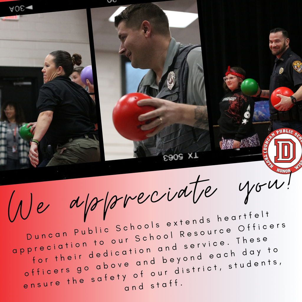 👮‍♂️ Honoring Our School Resource Officers  Duncan Public Schools extends heartfelt appreciation to our School Resource Officers for their dedication and service. These officers go above and beyond each day to ensure the safety of our district, students, and staff.  Beyond their commitment to safety, they take time to connect with students, build positive and meaningful relationships, and serve as trusted mentors and role models across our campuses.  Thank you for all you do!