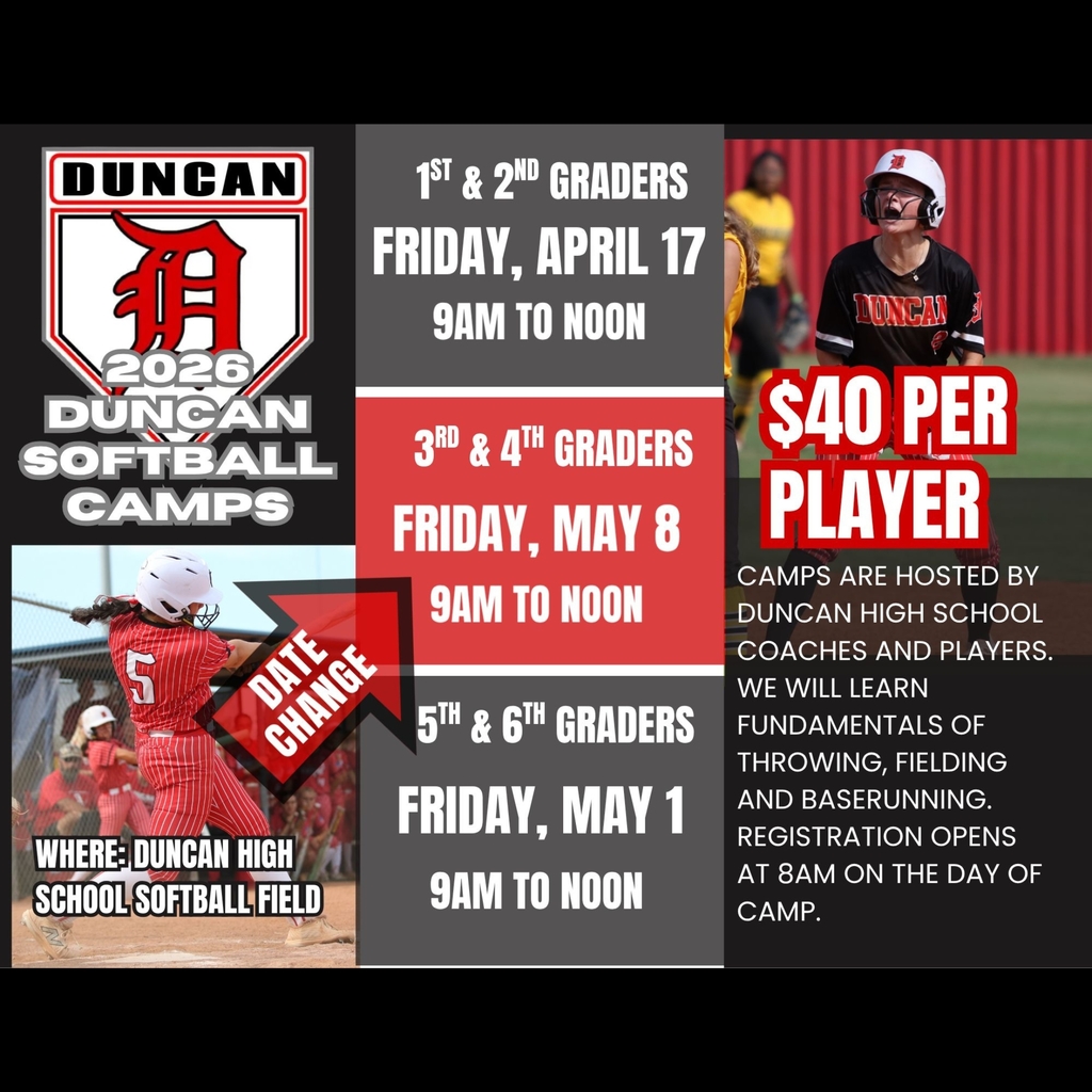 Come learn the game of softball with the State Runner-Up Lady Demons!  The Duncan High School Softball Team is hosting camps this spring for 1st–6th graders. Players will learn the fundamentals of throwing, fielding, and baserunning from Duncan High School coaches and players.  📍 Location: Duncan High School Softball Field  💲 Cost: $40 per player (registration opens at 8 AM on the day of camp)  Camp Dates:  1st & 2nd Graders: Friday, April 17 | 9 AM–Noon  3rd & 4th Graders: Friday, April 24 | 9 AM–Noon (date changed to May 8th)  5th & 6th Graders: Friday, May 1 | 9 AM–Noon  Don’t miss this chance to sharpen your skills, make new friends, and spend the day with the Lady Demons!  For more information, email Coach Miller at jimmy.miller@duncanps.org
