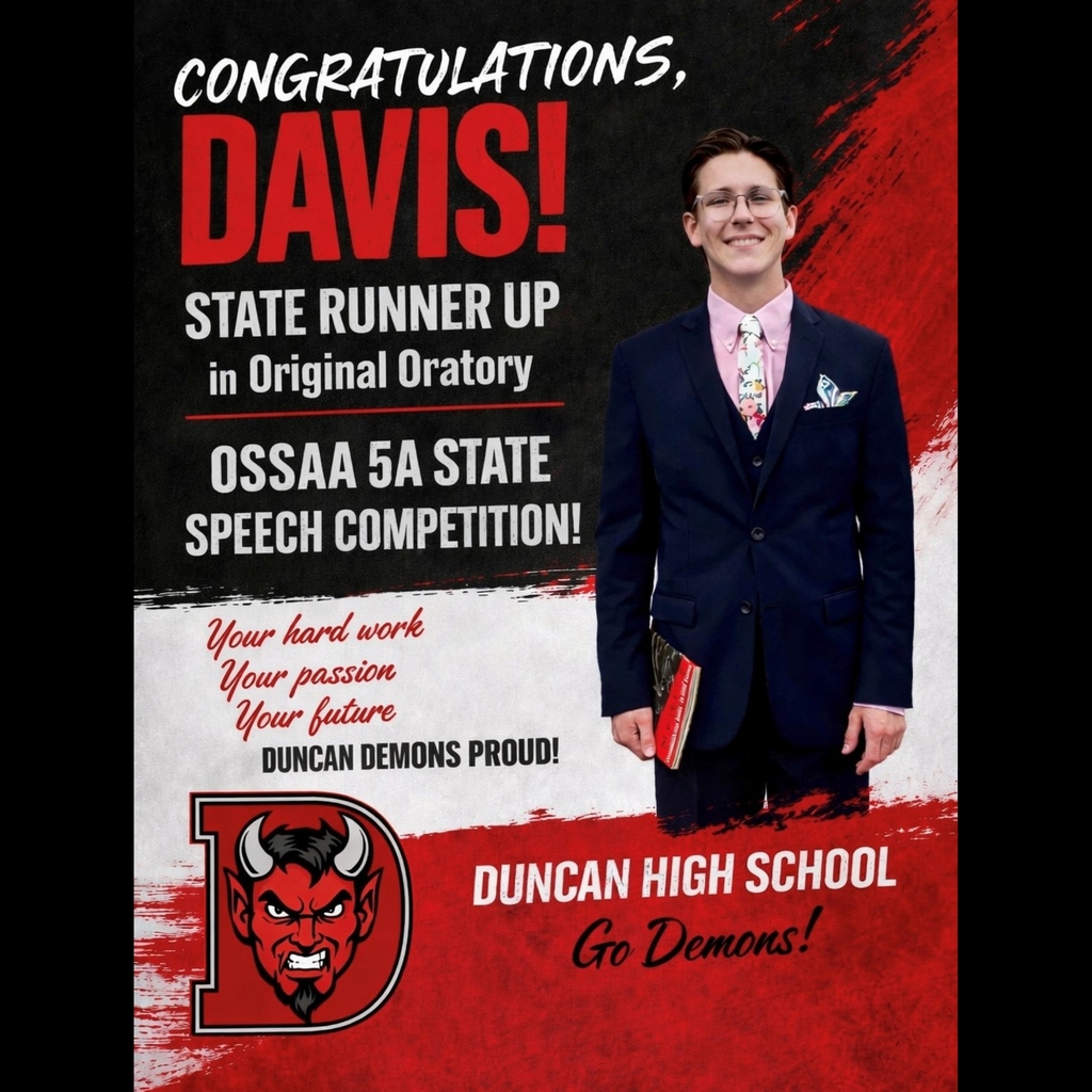 DHS Sophomore Brings Home State Runner-Up Honor! 🏆🎤  Congratulations to Duncan High School sophomore Davis Wheeler for an outstanding performance at the OSSAA 6A and 5A Speech and Debate State Championship held this past weekend at Tulsa Community College!  Davis returned home as the State Runner-Up in 5A Original Oratory – an incredible achievement, especially considering this was his first year competing in Speech and Debate!  In Original Oratory, students write, memorize, and deliver a speech on any subject of their choice. Davis' success is a true testament to his will, determination, and exceptional talent.  We are so proud of you, Davis! Your hard work and dedication have paid off in a big way. Congratulations on representing Duncan High School with excellence!