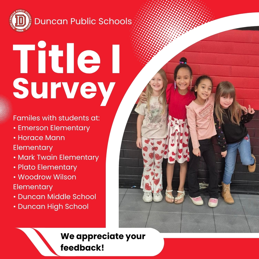 We Need Your Input! Title I Parent Survey 📋✨  Attention families with students at: • Emerson Elementary • Horace Mann Elementary • Mark Twain Elementary • Plato Elementary • Woodrow Wilson Elementary • Duncan Middle School • Duncan High School  We need your help! Please take a few minutes to complete the 2025-2026 Title I Parent Survey. Your feedback is invaluable and will help us evaluate the effectiveness of programs at your student's school.   This survey is anonymous, but if you would like a follow-up, you can include your name and contact information at the end.  📱 Take the survey here: https://docs.google.com/forms/d/e/1FAIpQLSezZE0VprKLaPrDE1s-iZ5Wqh2t9s0e5tvOYw56GRbXD_09oA/viewform  Thank you for partnering with us to make our schools the best they can be for every student!
