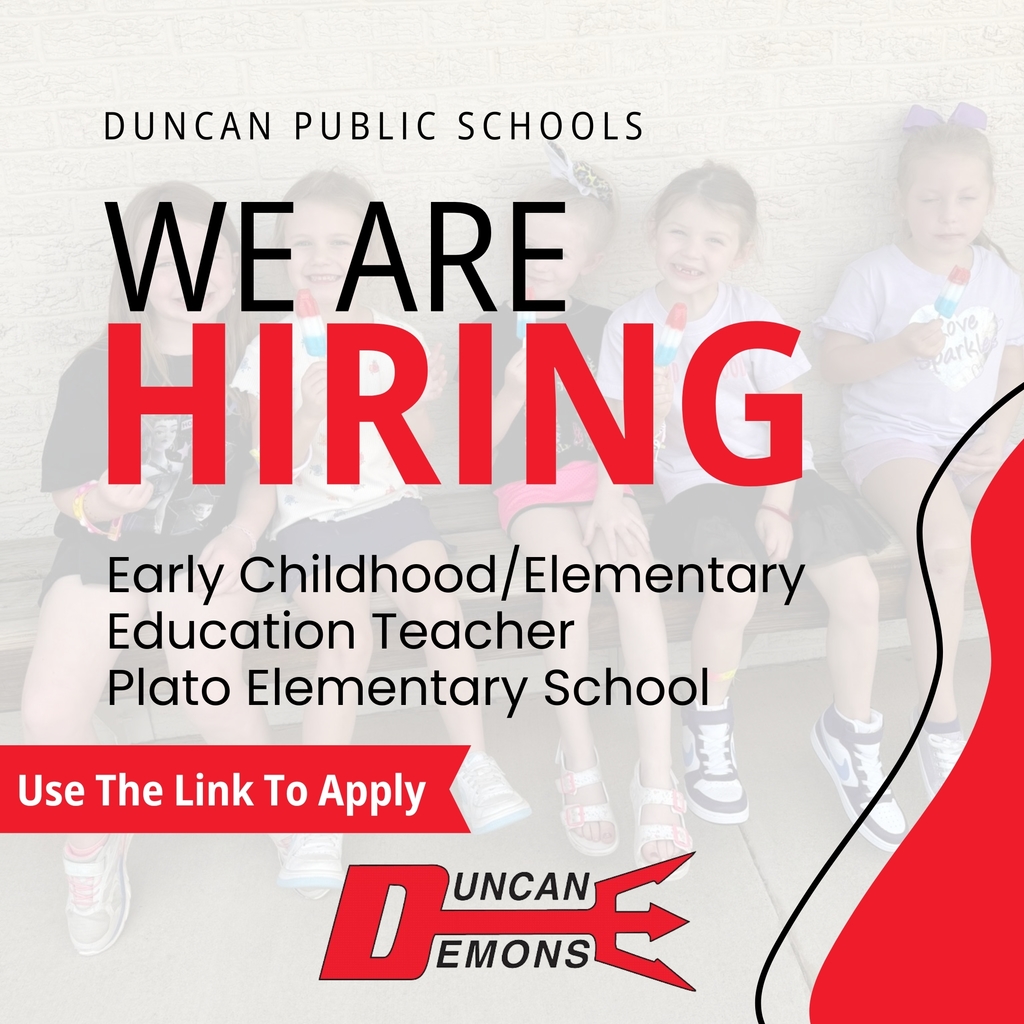 We're Hiring! Position Available 🍎 Duncan Public Schools - Plato Elementary is seeking an Early Childhood/Elementary Education Teacher for the 2026-2027 school year! Apply today: https://www.applitrack.com/duncanps/onlineapp/default.aspx?all=1