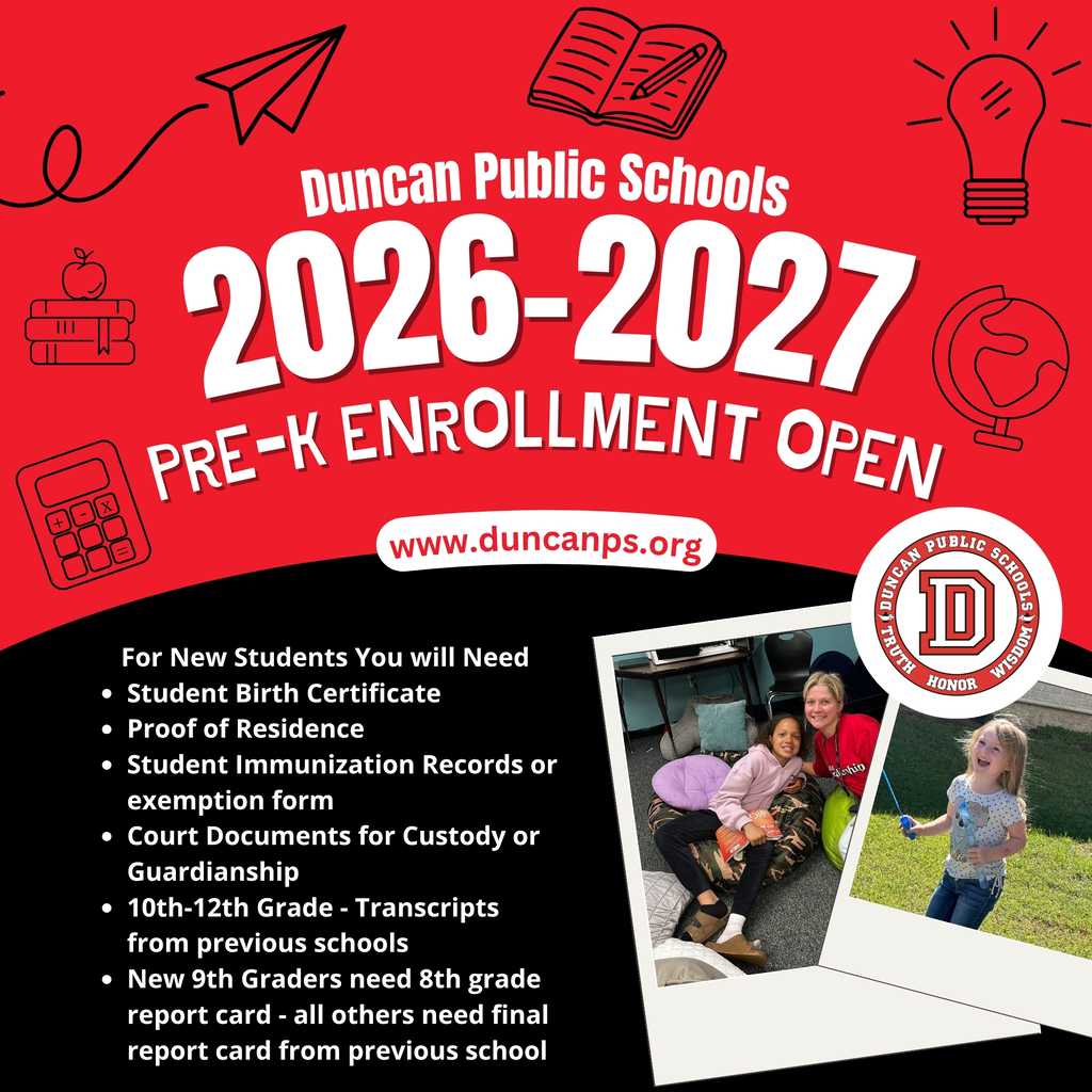 Pre-K Enrollment is Open for 2026-2027! We're so excited to welcome your little learner to Duncan Public Schools! Ready to start your road to a bright future at DPS? New Pre-K Students: 📝 Enroll here: https://www.duncanps.org/page/dps-online-enrollment 📋 School Supply Lists (PreK-8th): https://www.duncanps.org/o/dps/page/back-to-school 🎥 How to Enroll in Pre-K Video: https://www.youtube.com/watch?v=rKHocoN6OCI Questions? Contact our Enrollment Office: 📞 580-252-6801 📧 enrollment@duncanps.org