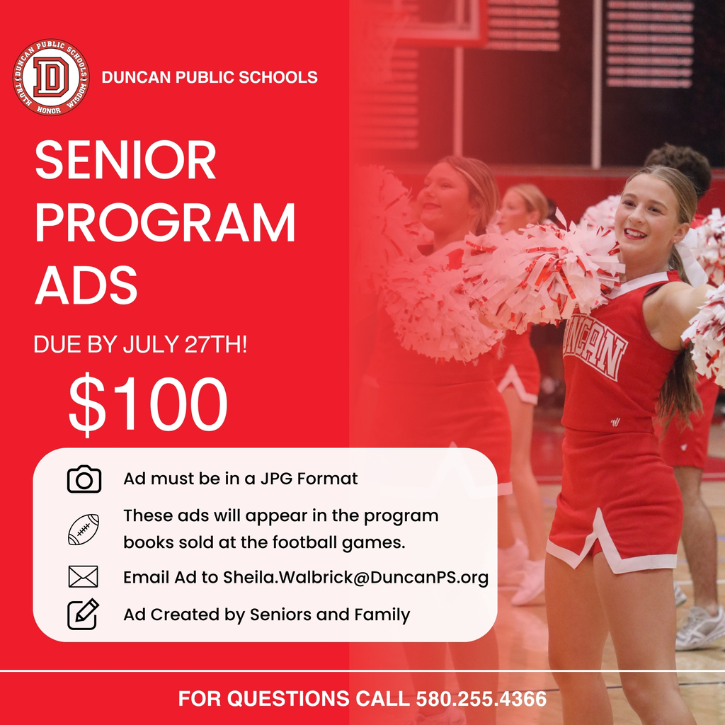 Red graphic featuring Duncan Public Schools cheerleaders with pom-poms. Text reads "Senior Program Ads Due by July 27th, $100" with submission details and contact information for questions at 580.255.4366.