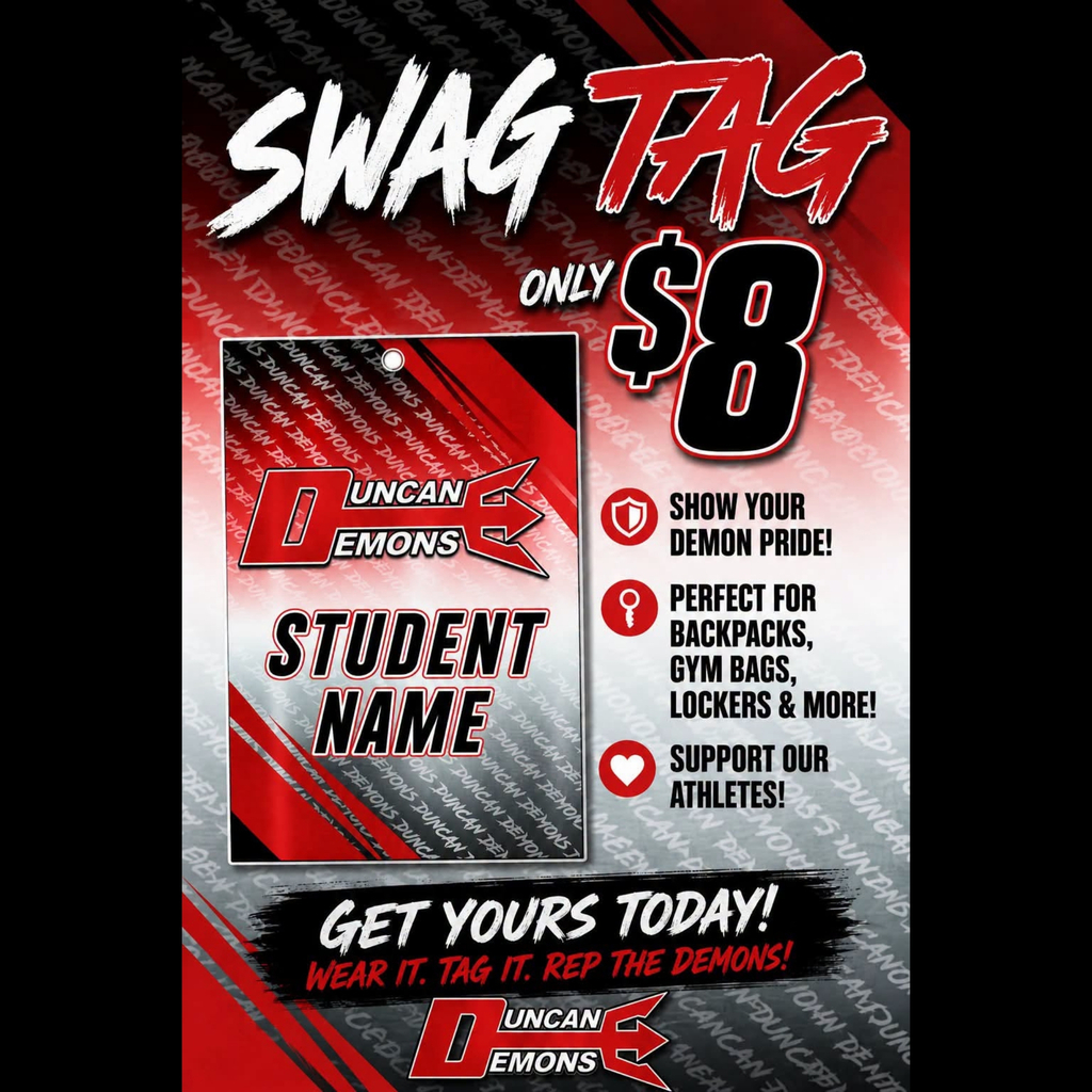 🎒 SHOW OFF YOUR DEMON PRIDE WITH A CUSTOM SWAG TAG! 🔴⚫ With the new clear backpacks being implemented, now is the perfect time to make your bag stand out! Personalize it with a Duncan Demons Swag Tag featuring your student’s name so it’s easy to identify while showing off your school spirit.  ✅ Personalized with your student’s name ✅ Great for backpacks, gym bags, lockers, and more ✅ A fun way to represent Duncan Demons!  Ordering is easy!  Simply fill out the Google Order Form—payment instructions are included on the form. 💲 Only $8 each  📅 Order & payment deadline: Friday, July 24  🎒 Swag Tags will be delivered to your child’s school and available for pickup on Back-to-School Night! Every purchase helps support the Duncan Tennis Program, so thank you for helping our athletes while showing your Demon pride!  ❤️ Wear it. Tag it. Rep the Demons! 🏆🎾  https://docs.google.com/forms/d/e/1FAIpQLSe-aqgS16Q13e69mHQm_hMHSaQ1FwVd9-dejXUpOc5kNw83lQ/viewform