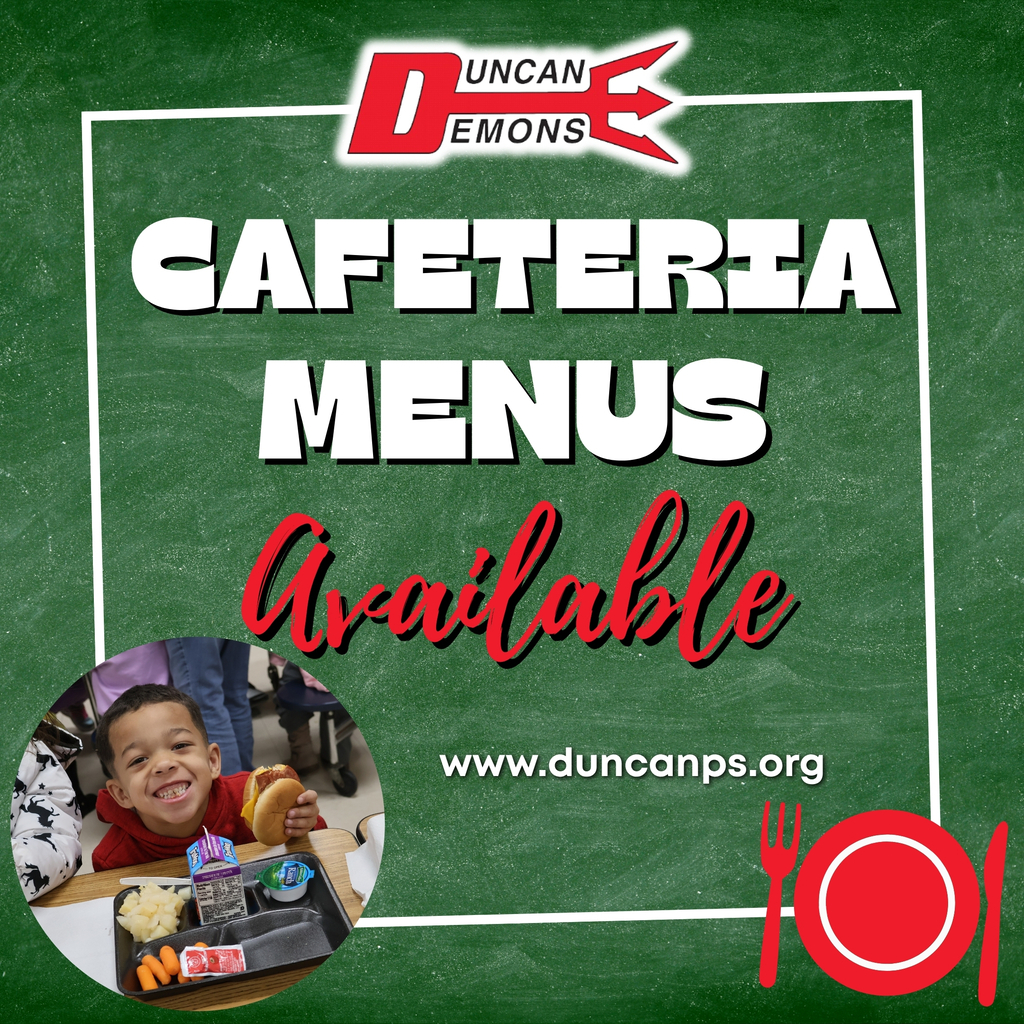 Cafeteria Menus Now Available! 🍽️ Our August and September cafeteria menus are now available on the Duncan Public Schools website. Families can find them on the main page using the Cafeteria Menus button, by using the link below, or in the app by selecting More in the bottom right and then choosing Cafeteria Menus https://duncanpsok.sites.thrillshare.com/o/dps/page/cafeteria-menus