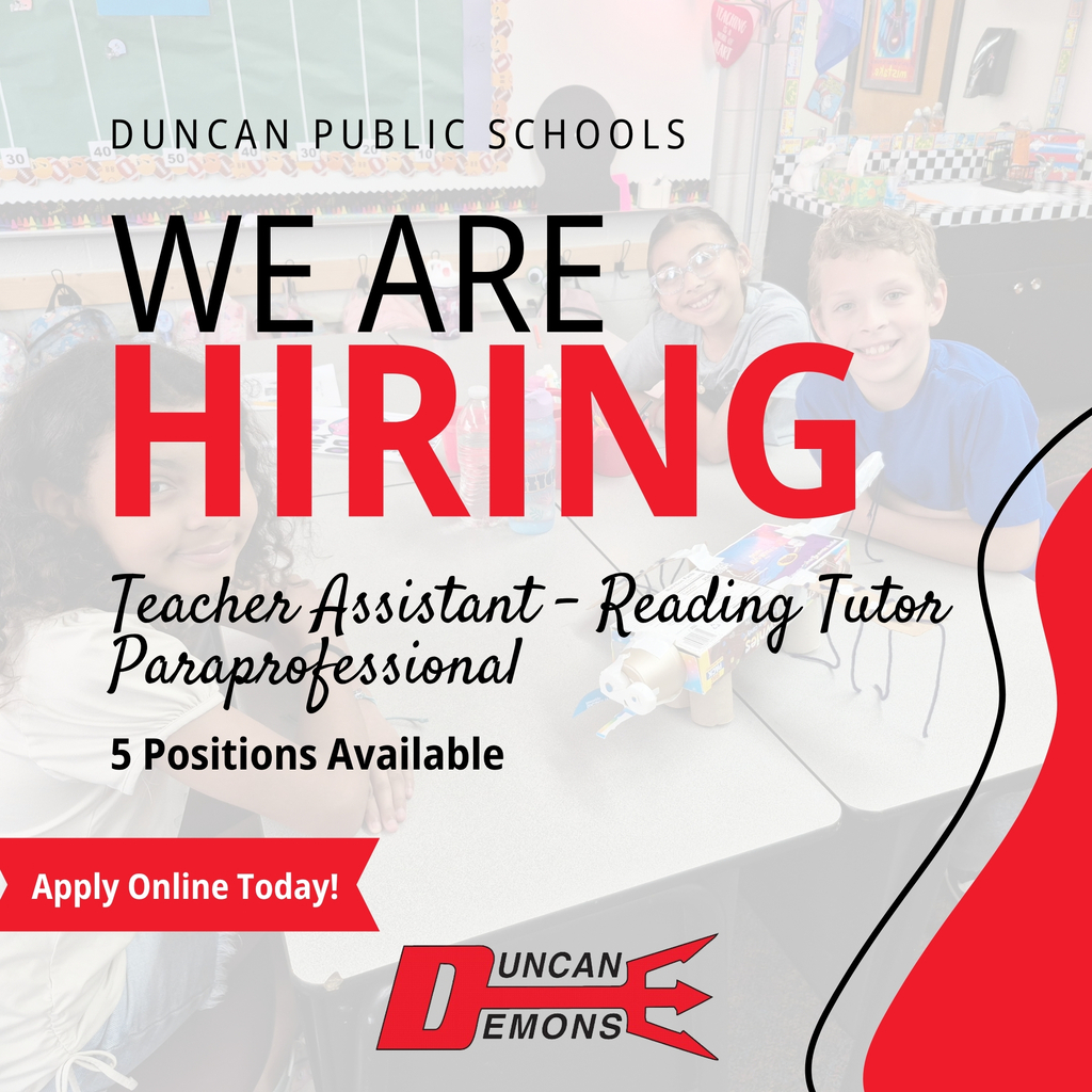We are hiring a Teacher Assistant – Instructional Paraprofessional at each of our elementary schools! 🎉 ⏰ Schedule: 9 months, 8 hours per day 📍Plato, Horace Mann, Mark Twain, Emerson, or Woodrow Wilson For more information or to apply, please use the link below! https://www.applitrack.com/duncanps/onlineapp/default.aspx?all=1 We cannot wait to meet you!