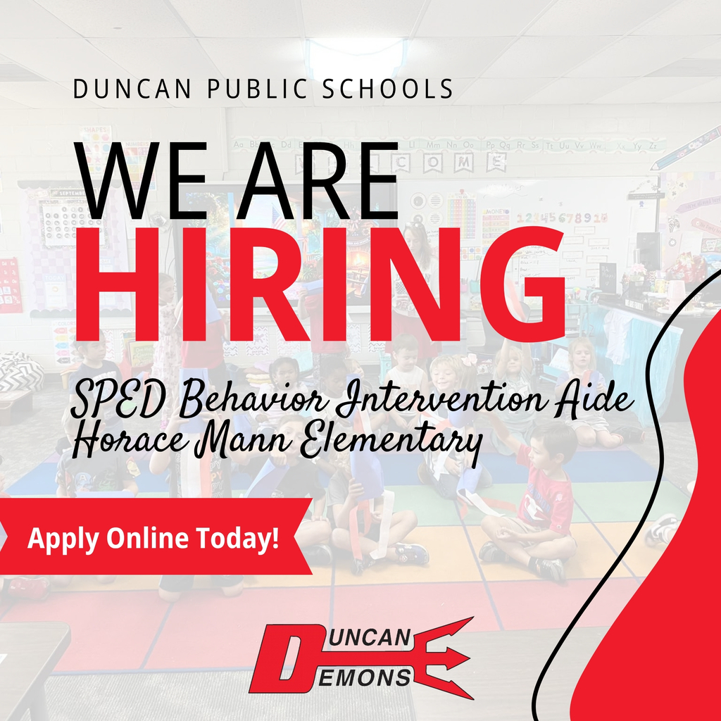 We are hiring a SPED Behavior Intervention Aide at Horace Mann Elementary School! 🎉 ⏰ Schedule: 9 months, 8 hours per day 📍Horace Mann Elementary School For more information or to apply, please use the link below! https://www.applitrack.com/duncanps/onlineapp/default.aspx?all=1 We cannot wait to meet you!