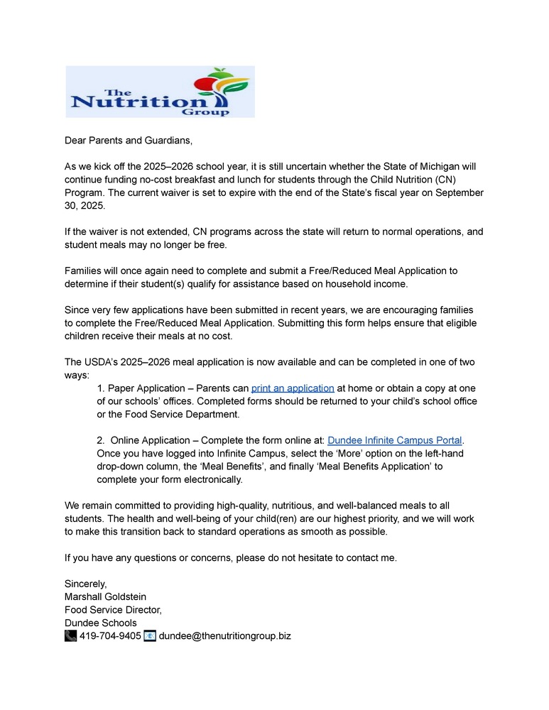 Food Service Free Meals Update