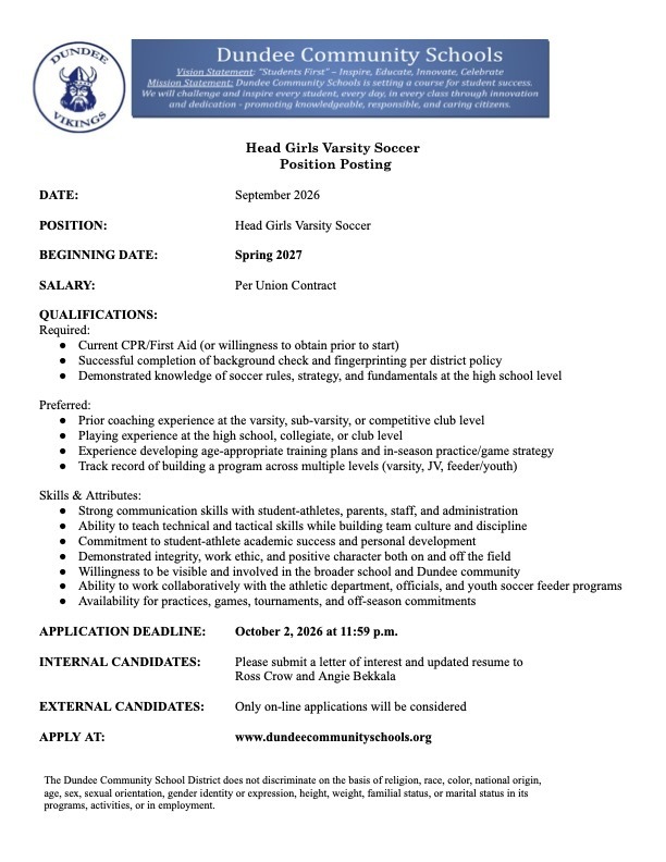 Head Girls Varsity Soccer Position Posting