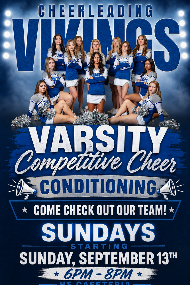 Dundee Vikings Cheerleading poster featuring the varsity cheer team, promoting Varsity Competitive Cheer Conditioning sessions.