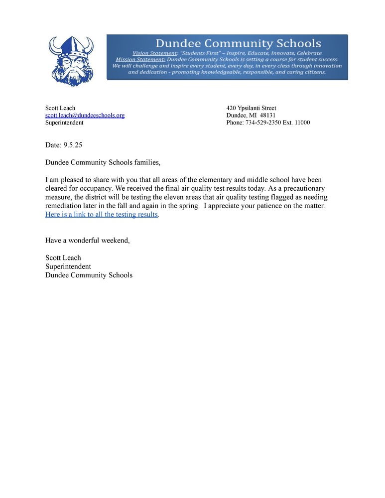Air Quality Testing Update