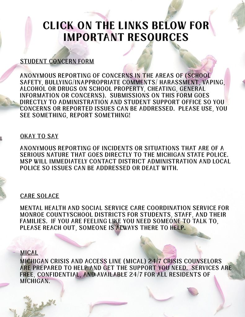 Image of links to important mental health resources