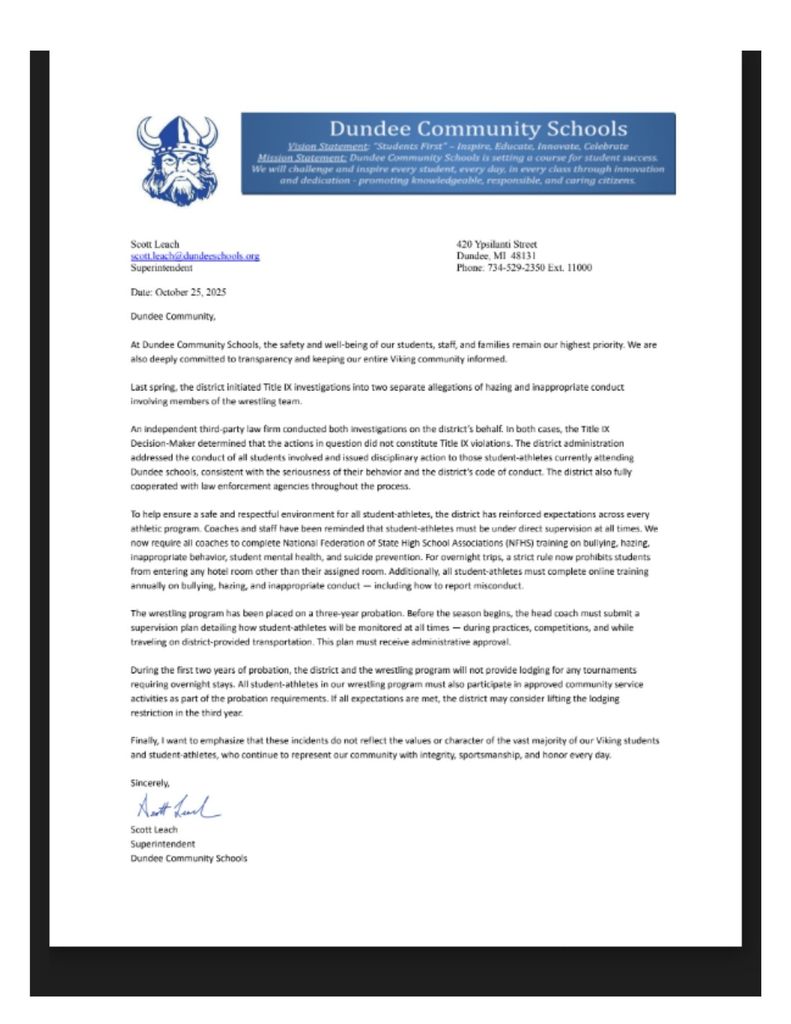 Image of communication from Superintendent Leach