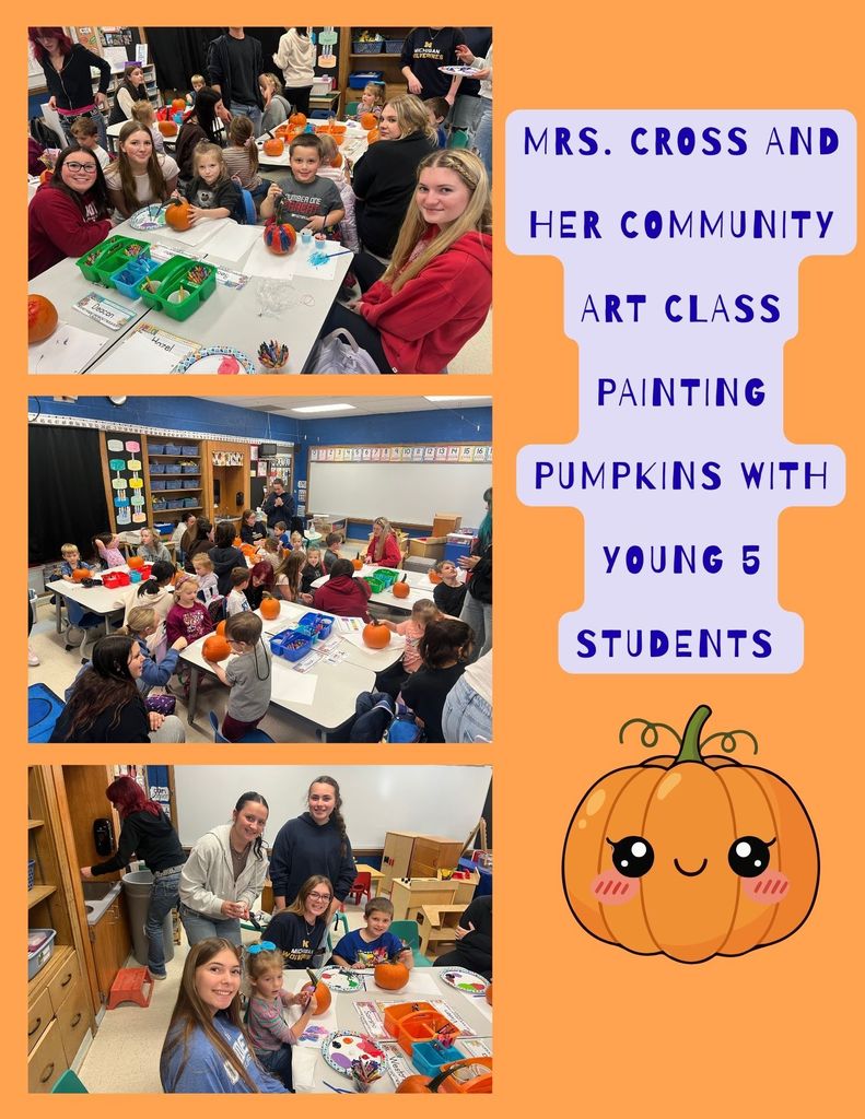 Image of Art students painting pumpkins with Young 5 students