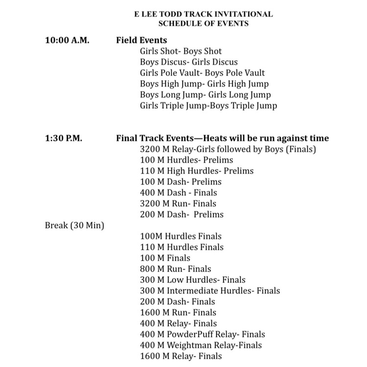 Schedule of Events for the Perkins County Track Meet