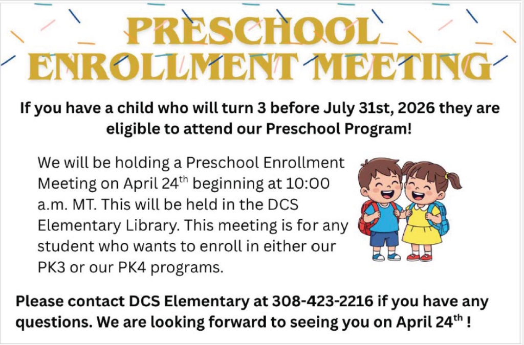 Preschool enrollment meeting on April 24th, 2026 in the DCS Elementary Library.