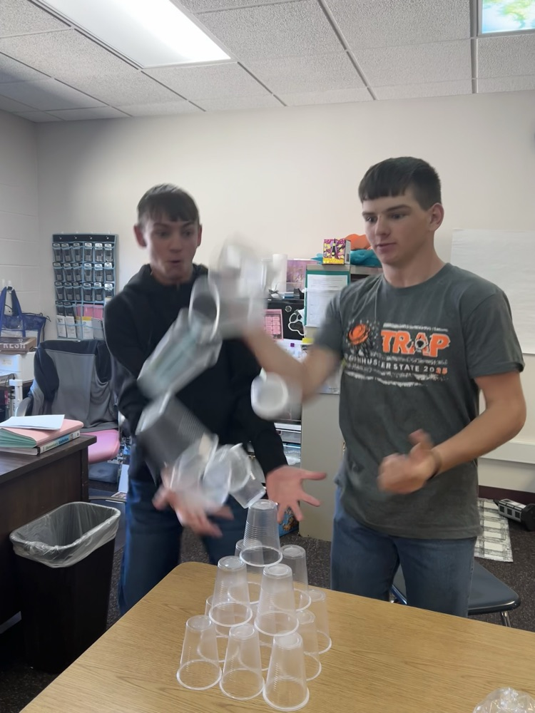two male students react as one of their tower building attempts fall